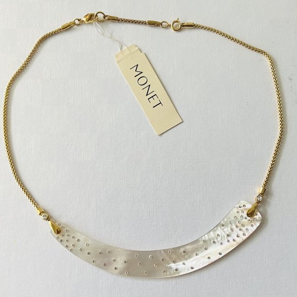 Vintage MONET Natural Rainbow Mother of Pearl Shell Choker Necklace w/Rhinestone - Picture 3 of 7